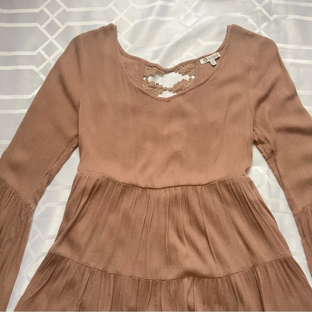Noble U Lace Trim Bell Sleeve Peplum Top Brown Women's Small